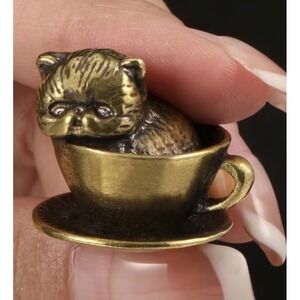 Brass Cat Kitten in Teacup/Mug Cute Mini Figurine NWT‎